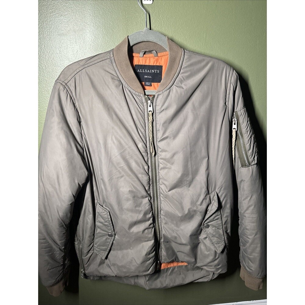 AllSaints Olive Green Bomber Jacket with Orange Lining